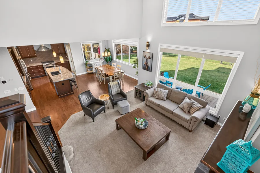Great room, kitchen and dining from the upper landing
