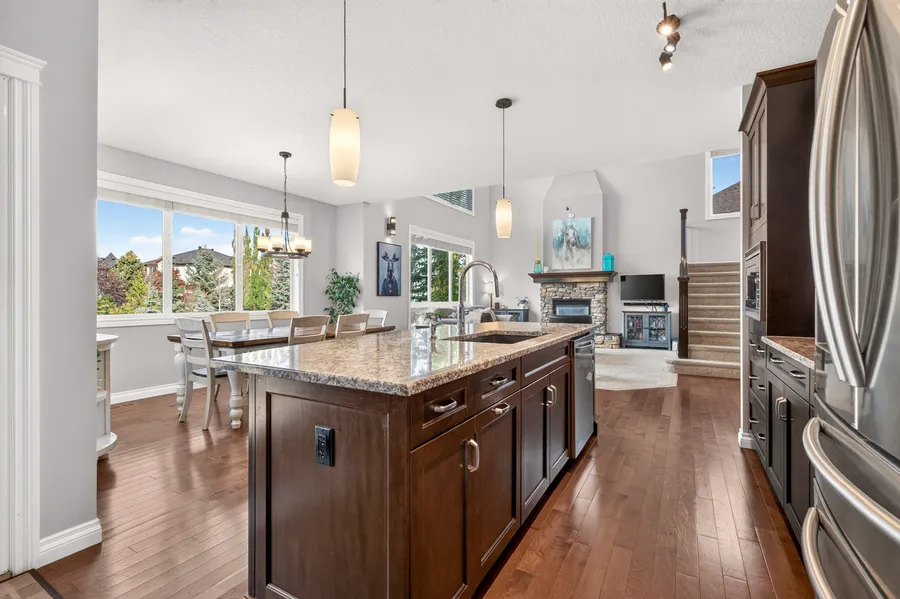 Island sightline to dining and fireplace